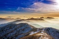 Winter landscape with sunset and foggy in Deogyusan mountains. Royalty Free Stock Photo