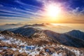 Winter landscape with sunset and foggy in Deogyusan mountains. Royalty Free Stock Photo