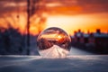 Winter landscape at sunset and a glass ball, abstract Christmas scenic nature landscape