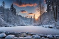 Winter landscape . Sunset over winter forest lake Royalty Free Stock Photo