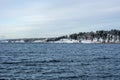 Winter landscape of the Swedish coast. The shore of Baltic sea overgrown with pines and firs covered with snow Royalty Free Stock Photo