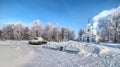 Winter landscape with tank and orthodox church in Russia. Royalty Free Stock Photo