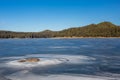 Winter landscape. Fisherman on frozen lake water, pine forest. Bulgaria, Rhodopes mountains, Shiroka Polyana lake.