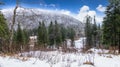 Winter landscape on top of mount Floyen, Bergen, Norway. Hiking trail. Royalty Free Stock Photo