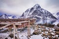 Winter landscape with traditional Norwegian dried cod fish