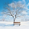 Winter landscape with tree and bench covered in snow under blue sky Royalty Free Stock Photo
