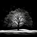 Winter landscape with tree and moon on black background. A lonely tree against the background of the moon and the night