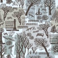 Winter landscape with trees, benches in calm halftones seamless pattern.