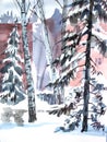 Winter landscape with trees in the city park. Sketch watercolor. Hand drawn illustration.