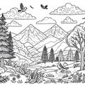 Winter landscape with trees, coloring page, line art, illustration, outline, sketch, silhouette Royalty Free Stock Photo