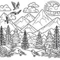 Winter landscape with trees, coloring page, line art, illustration, outline, sketch, silhouette Royalty Free Stock Photo