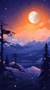 winter landscape with trees and mountains at night with a full moon Royalty Free Stock Photo