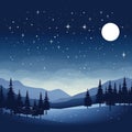 winter landscape with trees and mountains at night with a full moon and stars Royalty Free Stock Photo