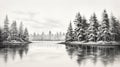 Black And White Oil Painting Of A Snowy Lake With Trees Royalty Free Stock Photo