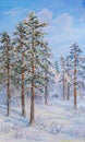 Winter landscape with trees in the snow on a canvas. Original oil painting.