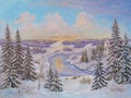 Winter landscape with trees in the snow on a canvas. Original oil painting.