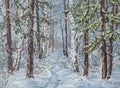 Winter landscape with trees in the snow on a canvas. Original oil painting.