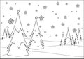 Winter landscape with trees in the snow. Vector black and white coloring page