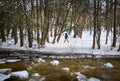 Flowing icy cold water and snow on the grounds Royalty Free Stock Photo