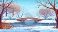 The winter landscape of an urban park, with a stone bridge over a river or pond, fallen snow and snowy trees. Royalty Free Stock Photo