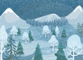 Winter landscape vector background. Nature mountain forest snowy scene with fir tree, road, spruce, pine. North outdoor Royalty Free Stock Photo