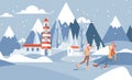 Winter landscape vector flat illustration. Boy and girl playing snowballs outside the winter near the lighthouse. Royalty Free Stock Photo