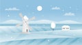 Winter landscape, cartoon flat panorama snowscape with village windmill and house on frost hills