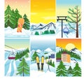 Winter landscape vector snow and house and tree tree. Mountain snowboard frozen wallpaper vintage beautiful nature. Xmas