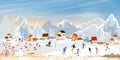 Winter landscape,Vector winter wonderland banner at village with people playing ice skates,Happy kids sledding in the park, Merry Royalty Free Stock Photo