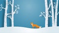 Winter landscape view background with lonely fox in paper cut style. Vector illustration with snow field and tree in forest.