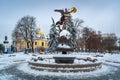 Winter landscape view of the bronze sculpture of the Archangel Michael in Kiev on Vladimirskaya mountain