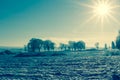 Winter landscape view fields forests covered snow rays sun Royalty Free Stock Photo