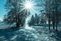 Winter landscape view fields forests covered snow rays sun Royalty Free Stock Photo