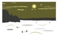 Winter landscape with a view of a frozen snow-covered lake. Fishermen catch fish on the lake. Winter fishing. Vector illustration
