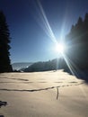 Winter landscape view over the alps, snowy mountains, nature covered with snow at winter sunset. St. Moritz the Swiss Alps