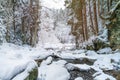 Winter landscape - view of the river in the winter forest in the Carpathian mountains Royalty Free Stock Photo