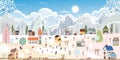 Winter landscape in village, Christmas and new year celebrated in the city,Vector of horizontal banner winter wonderland in the Royalty Free Stock Photo