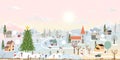 Winter landscape in village, Christmas and new year celebrated in the city,Vector of horizontal banner winter wonderland in the Royalty Free Stock Photo