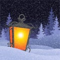 Winter landscape with vintage lantern in snowbanks