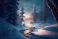 Winter landscape wallpaper with pine forest covered with snow, mountain stream and scenic night sky with stars. Snowy fir tree in Royalty Free Stock Photo