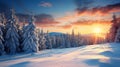 Winter landscape wallpaper with pine forest covered with snow and scenic sky at sunset. Snowy fir tree in beauty nature scenery. Royalty Free Stock Photo