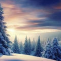 Winter landscape wallpaper with pine forest covered with snow and scenic sky at sunset Royalty Free Stock Photo