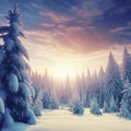 Winter landscape wallpaper with pine forest covered with snow and scenic sky at sunset Royalty Free Stock Photo