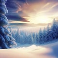 Winter landscape wallpaper with pine forest covered with snow and scenic sky at sunset Royalty Free Stock Photo