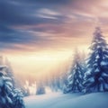 Winter landscape wallpaper with pine forest covered with snow and scenic sky at sunset Royalty Free Stock Photo