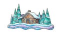 Winter landscape in watercolor. Nice house, Christmas trees, snow.