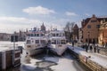 Winter landscape waterfont in Gdansk with ships Royalty Free Stock Photo