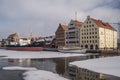 Old cargo steamer Soldek and wooden schooner mooring in winter Gdansk Old Town Royalty Free Stock Photo