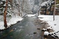 Winter landscape with white river, big rock in the background. Kamenice river, in Czech national park, Ceske Svycarsko, Bohemian S