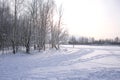 Winter landscape - white snow with traces of shoes and skis on the field. The ski track and road skirting the forest with bare tre